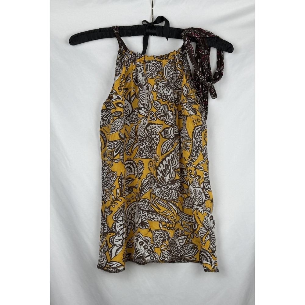 Trina Turk Silk Halter Top M Yellow Brown Paisley Geometric Floral Y2K‎ Blouse